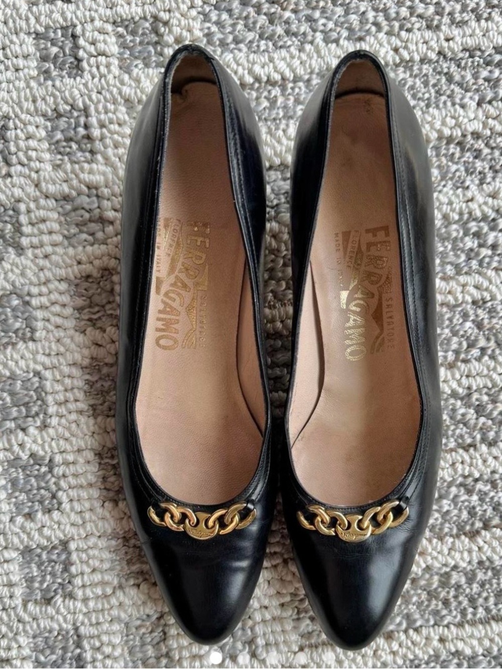 Salvatore Ferragamo Black Leather Flats with Gold Chain Accent - Picture 3 of 4